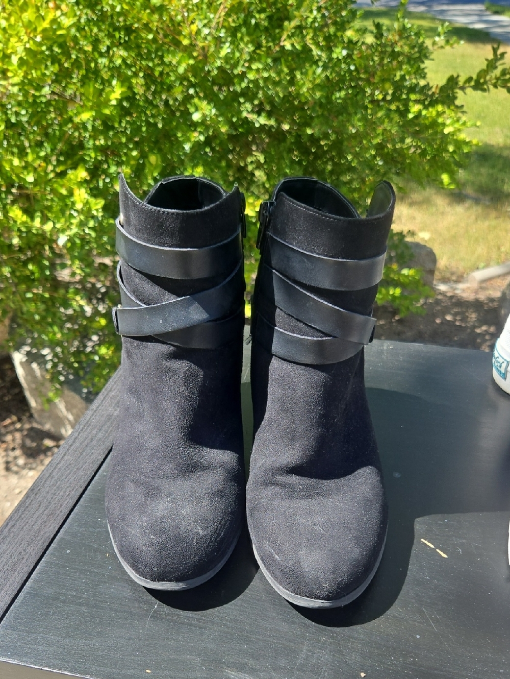 Material Girl Black Suede Ankle Booties with Wrap Straps